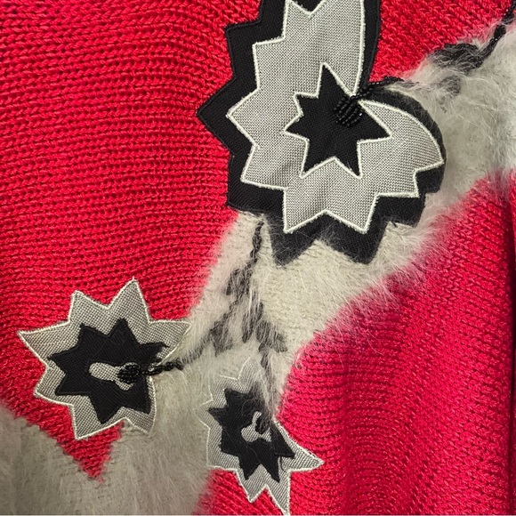 VTG 80s Style Red Women’s Sz. S  Puff Sleeve Sweater Fur Appliqué Stars Sequins - Picture 2 of 7
